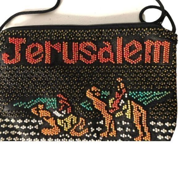 Jerusalem Beaded bag, Camel, Desert, Lightweight Zip closure, rope strap - Picture 3 of 3